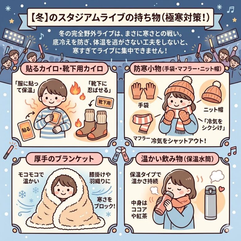 スタジアムライブの持ち物リスト【春夏秋冬】初心者でも失敗しない完全ガイド